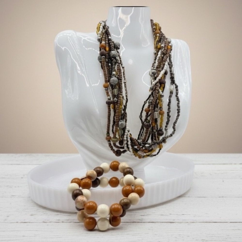Boho Earthy Multi-Strand Necklace Beaded Bracelet Set Brown Cream Wood Glass
